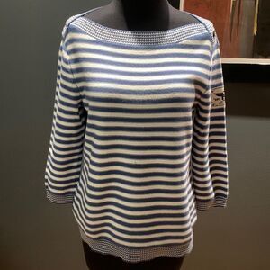 Lauren Jean Company cornflower blue and white reverse knit stripe cotton sweater